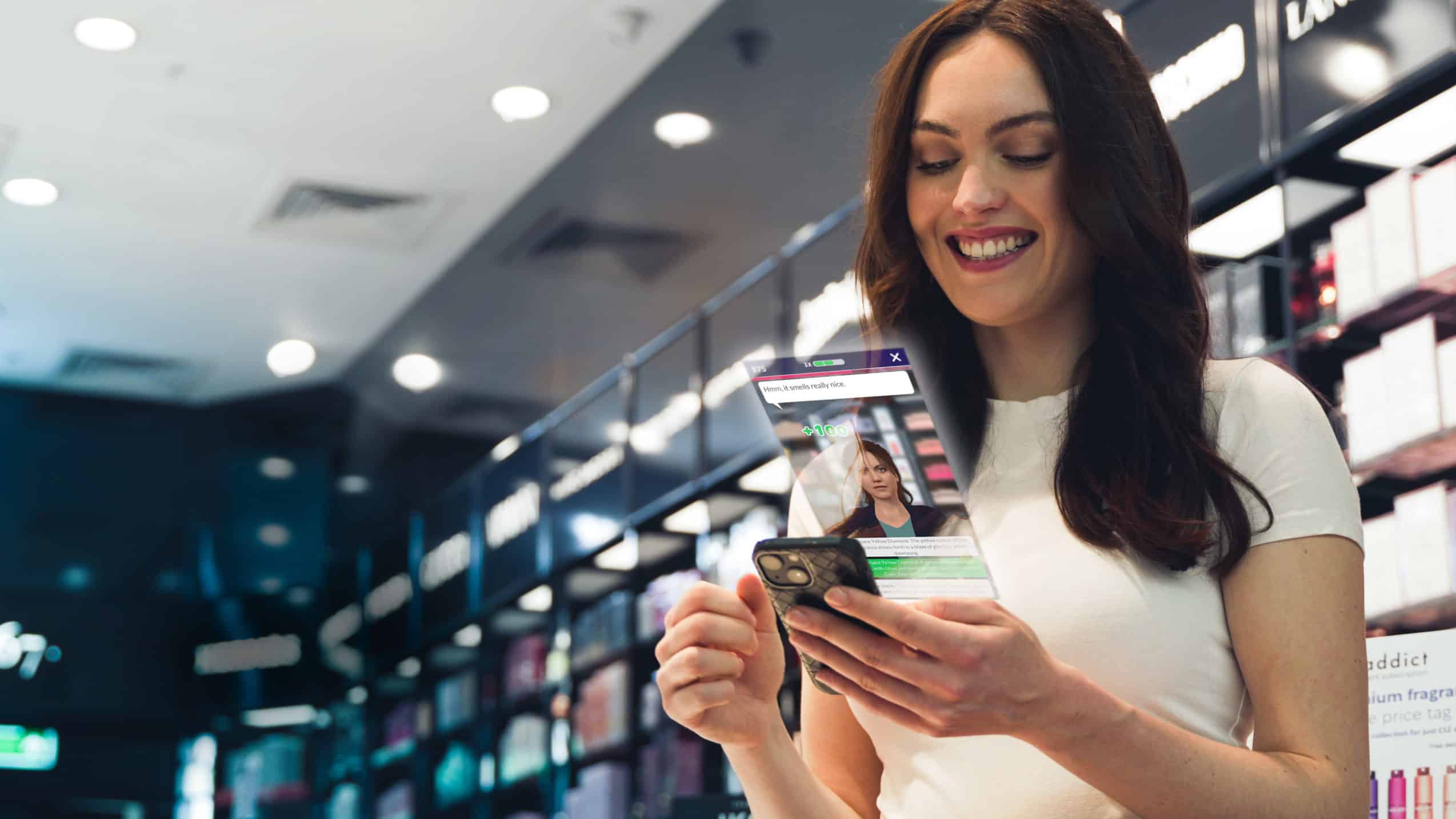 Woman playing Attensi SKILLS on her phone in retail store