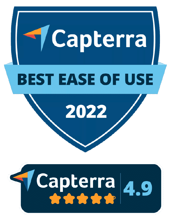 Capterra Best Ease of Use 2022 badge and Capterra 4.9 star rating badge